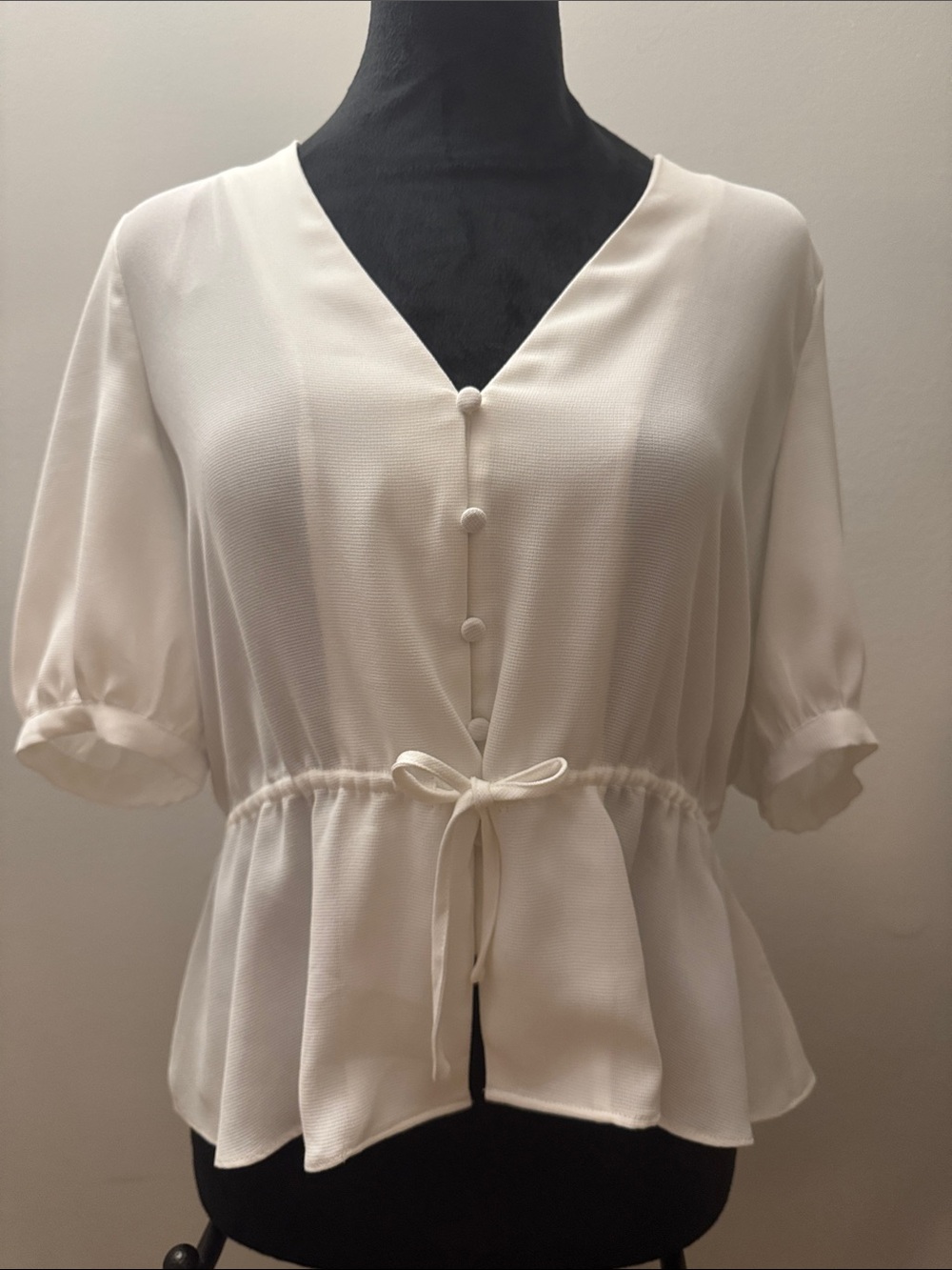 Halogen Cream V-Neck Tie-Waist Peplum Blouse with Covered Buttons